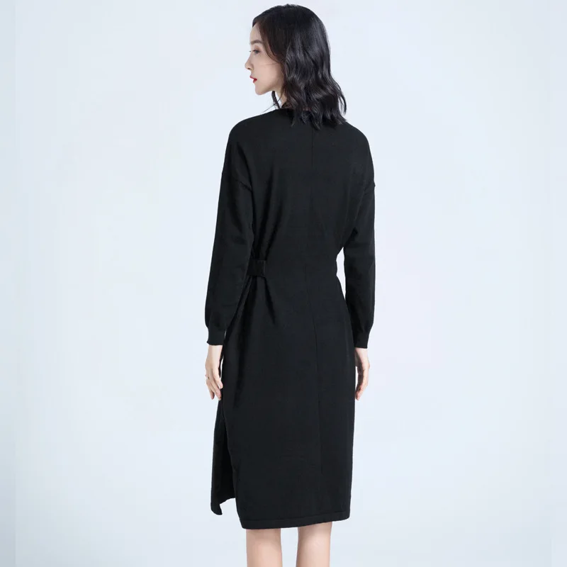 2018 Autumn Winter Office Lady Knitted O Neck Long Sleeve Fashion High Waist 4 Solid Color Women Mid-dress | Женская одежда