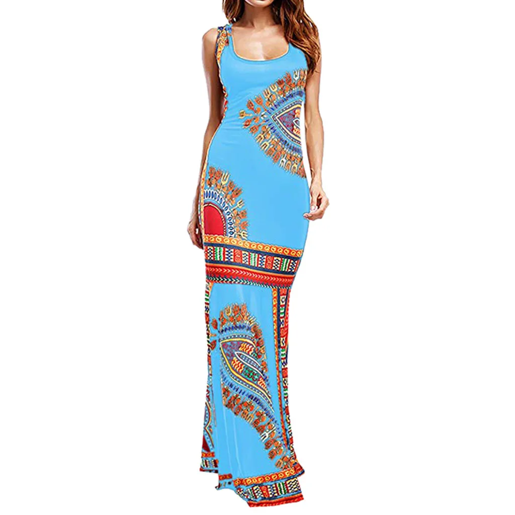 2019 летние платья Сексуальное Женское Бохо с цветочным принтом Дашики без рукавов