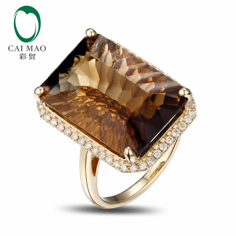 14K желтое золото 17.8CT изумрудная огранка дымчатый топаз Обручальное кольцо с бриллиантом