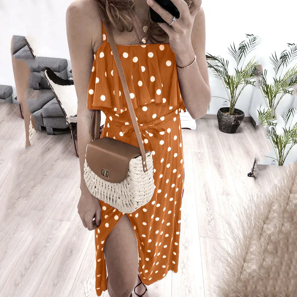 Женское летнее платье в горошек сексуальное винтажное с бретельками открытыми