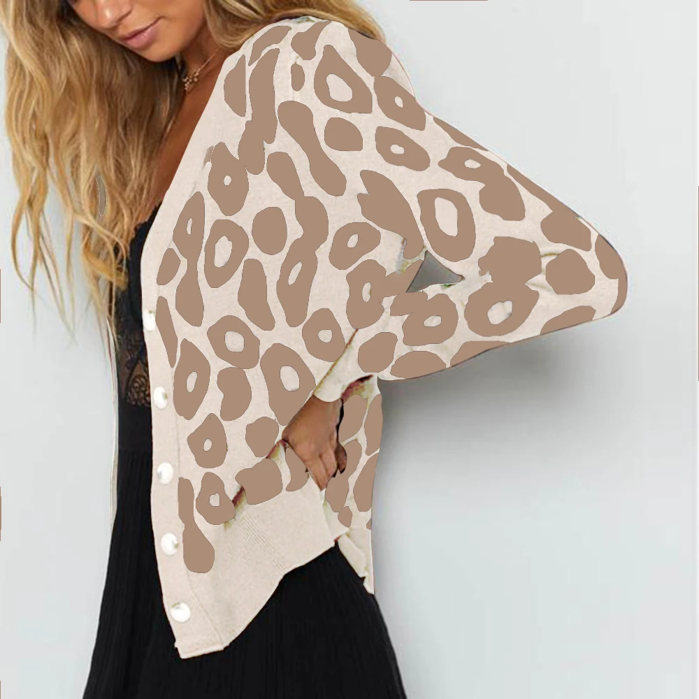 Leopard Button Cardigan Women Winter Khaki Sweater Long Sleeve Knit Clothes V Neck Slim Jumper Chompas Para Mujer |