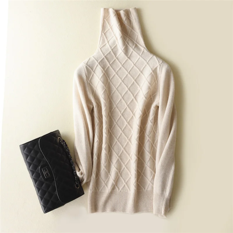 Sweater Women Autumn Winter High-End 100% Goat Cashmere Turtleneck Argyle Knitted Soft Cozy Sweaters Bottom Shirts Pulls | Женская