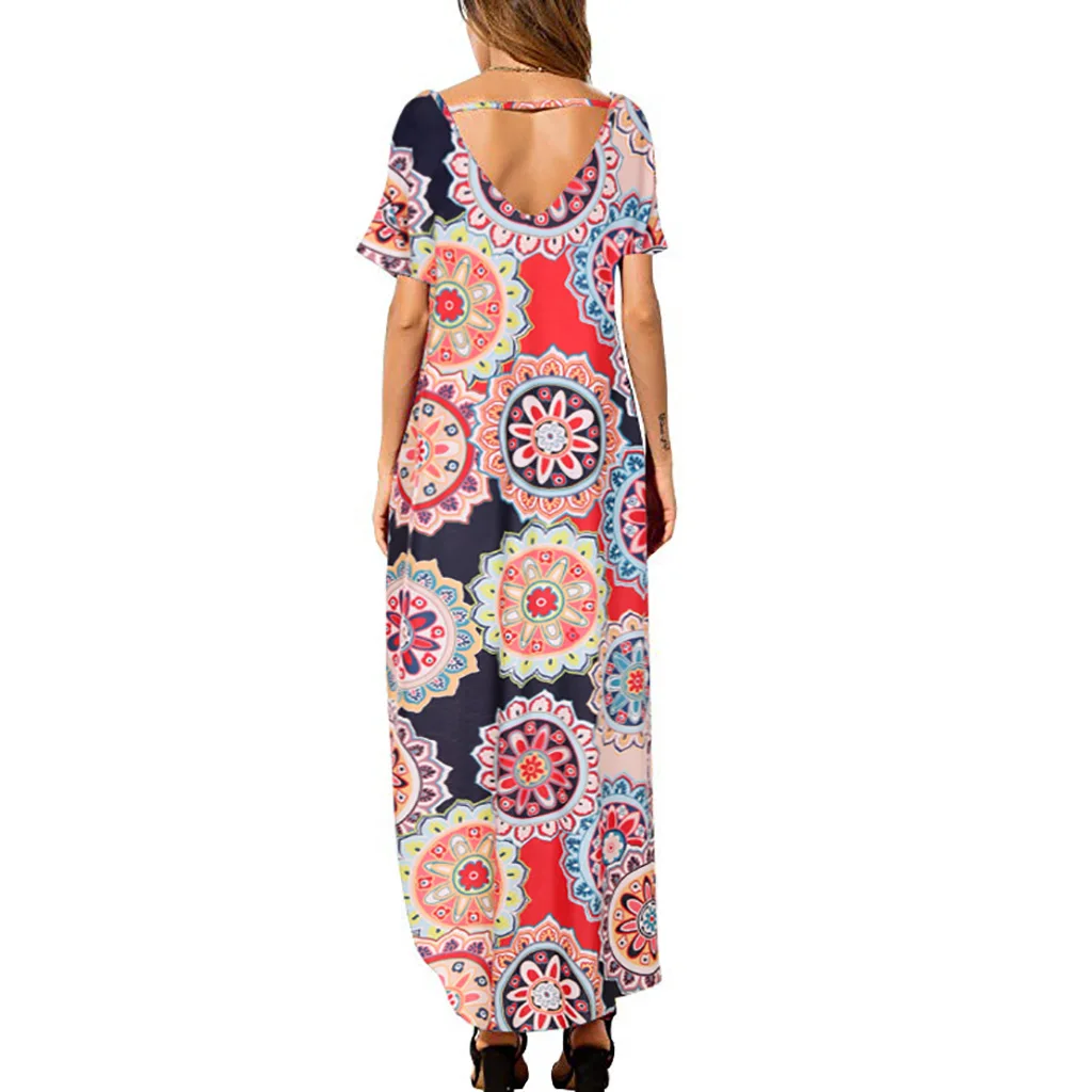 Женское трикотажное длинное платье Boho черное пляжное с короткими рукавами и