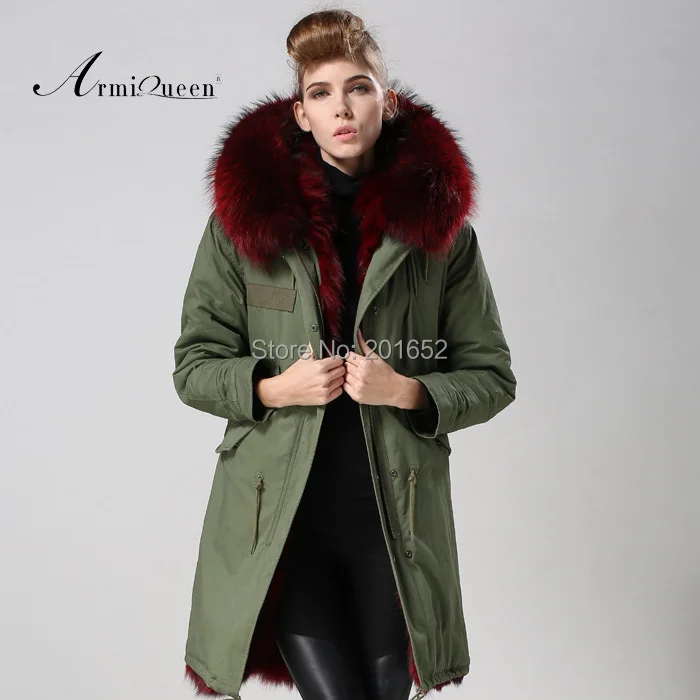 Фабричная продажа длинная парка со съемным бордовым мехом енота на капюшоне с