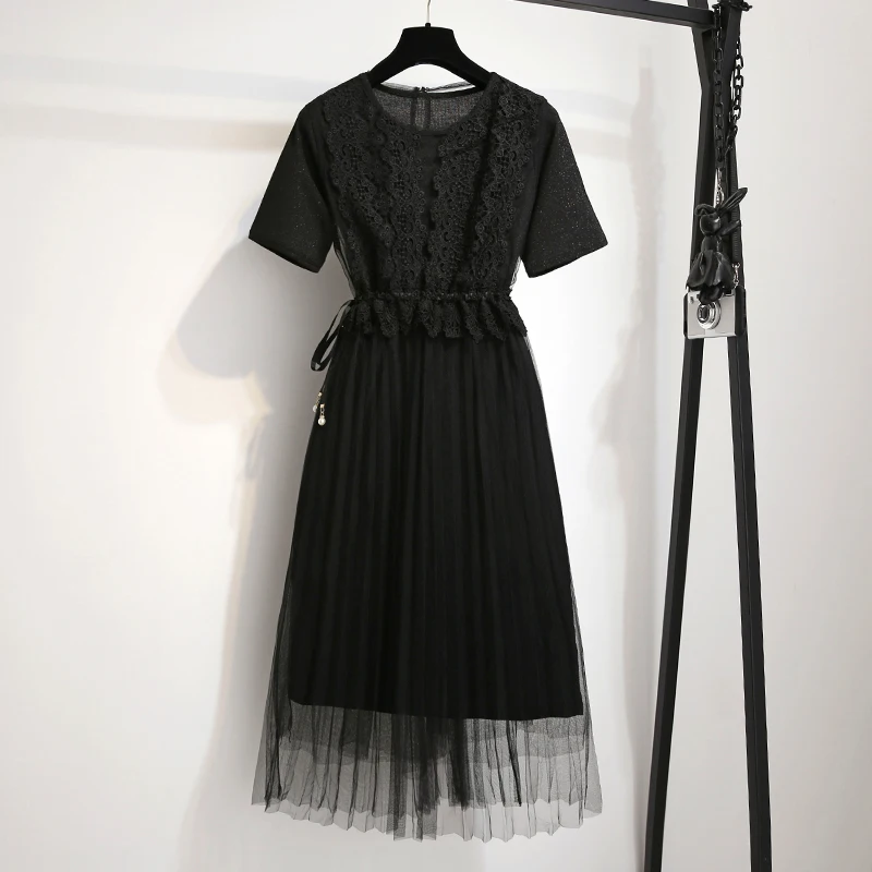 ALPHALMODA/2019 летнее женское изящное кружевное платье + длинная футболка комплект из 2