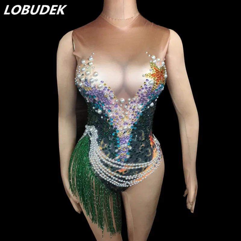 Peacock pattern Sparkly Rhinestones Bodysuit White Pearl Tassels Sleeveless Jumpsuit Nightclub DJ Lady Singer Show Stage Costume