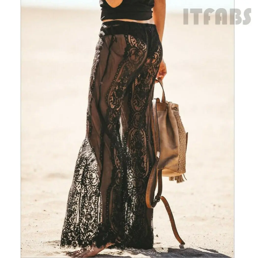 Женские кружевные расклешенные брюки со средней талией широкие прозрачные с