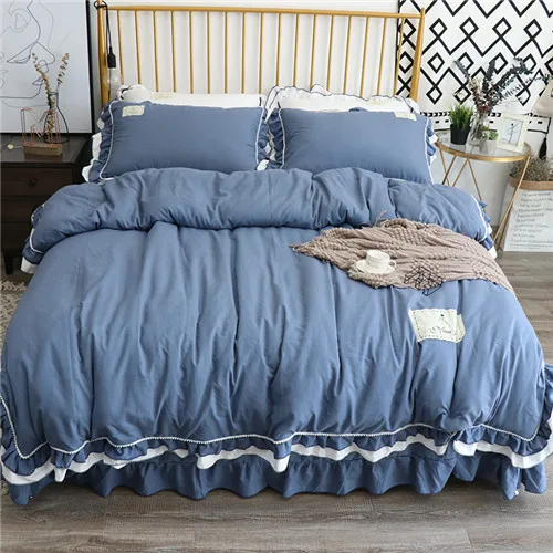 navy blue Двойное постельное белье с оборками набор черный шар плоский лист наволочка и пододеяльник мыть хлопок постельное белье Корейская свежесть белое постельное белье - Color: navy blue