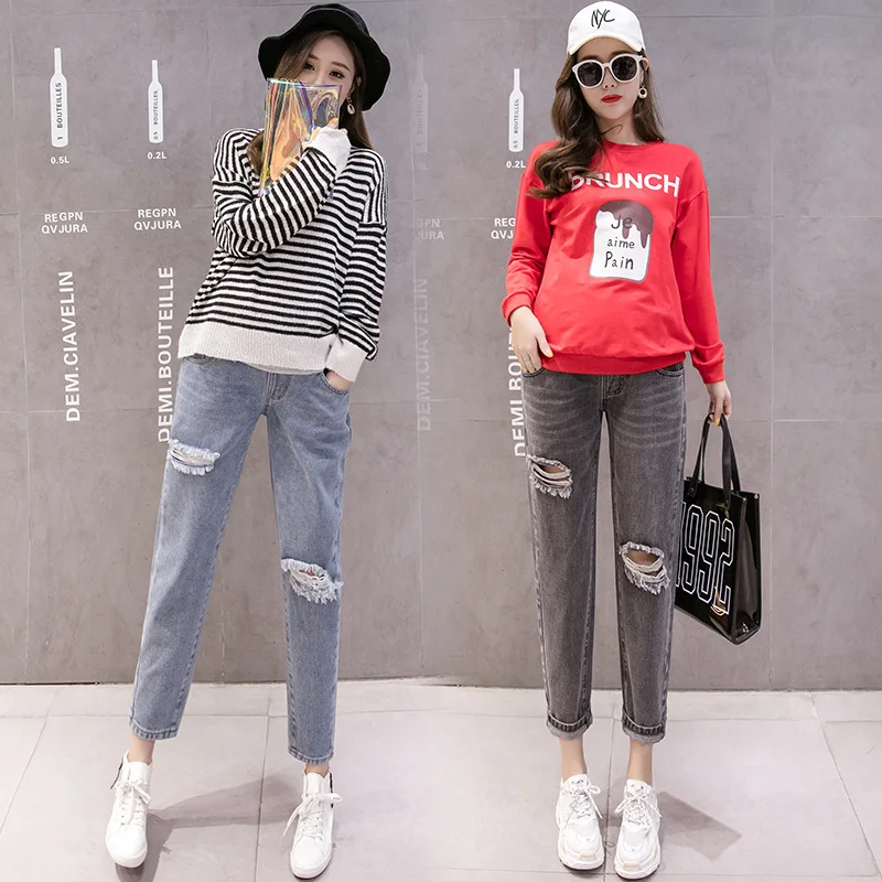 

Loose Jeans Maternity Pants Loose comfortable For Pregnant Women Nursing Pants Waist Hole Nine pants Denim Trousers Leggings new