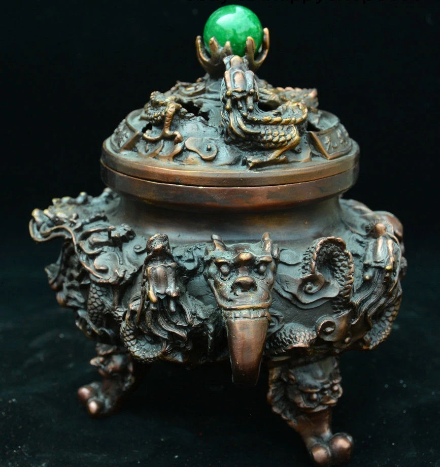 Китайская Бронзовая голова льва зверя мифический Дракон Лунг курильница ладана |