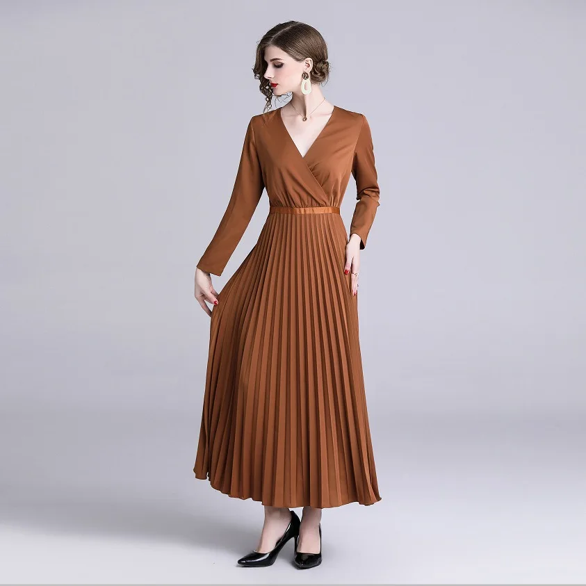 S-XL Весна Лето Женское платье с длинным рукавом v-образный вырез до щиколотки