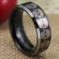 free shipping engraving wholesale price 2015 hot selling 8mm skull black silver beveled tungsten ring for wedding band ring