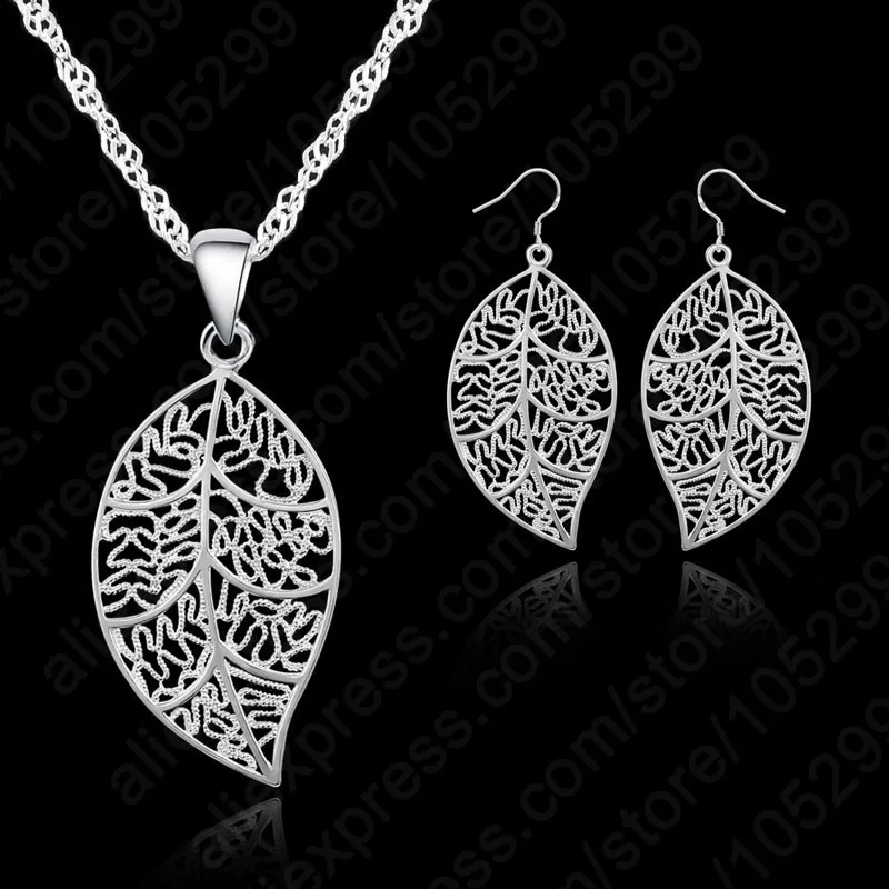 

Classic Jewelry 925 Sterling Silver Jewelry Sets leaves Earring Hook And Leaf Pendant Necklaces+18" Singapore Chain