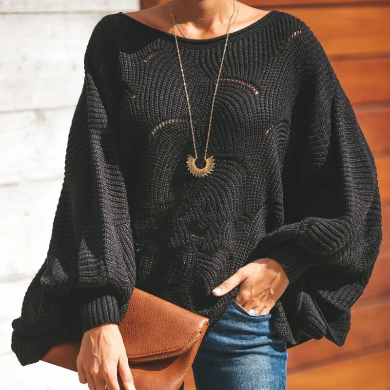 

2018 Simple and Elegant Sweater O-neck Solid Color Lantern Sleeve Openwork Joker Women Loose Soft Lady Long Sleeve Pullover