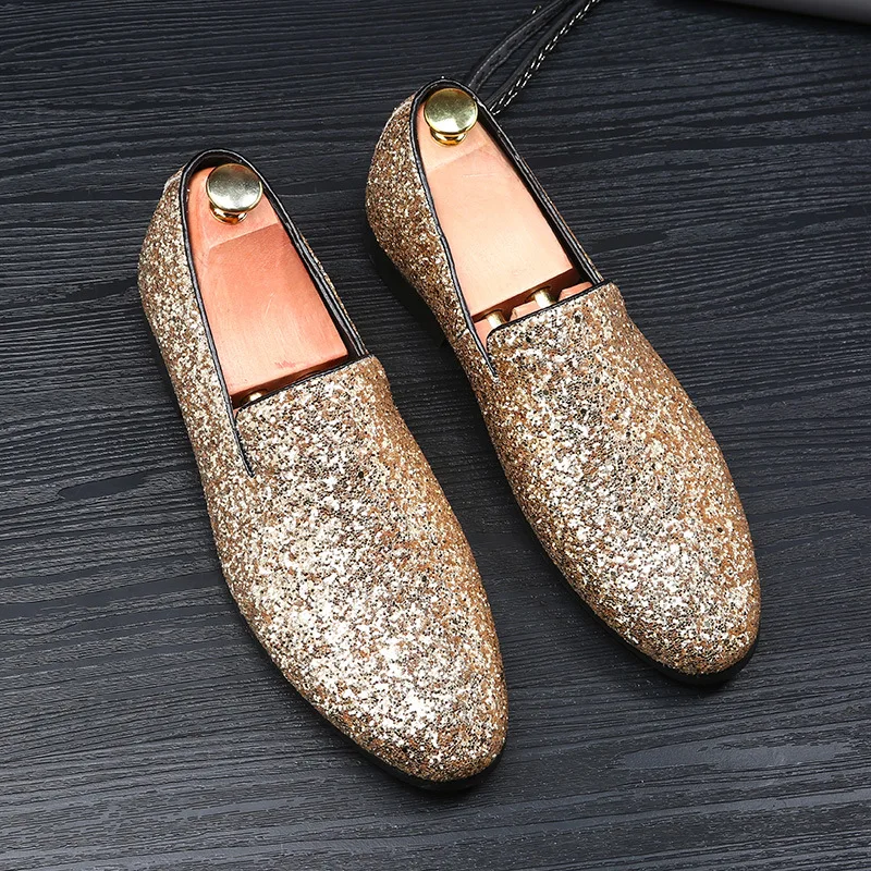

Men Leather Shoes with Mixed Colors Shining Rhinestone Luxurious Brand Party and Wedding Men's Loafers Male Flats
