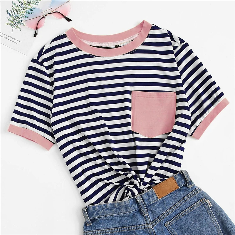 SHEIN, женская летняя полосатая футболка с круглым вырезом и накладным карманом размера плюс