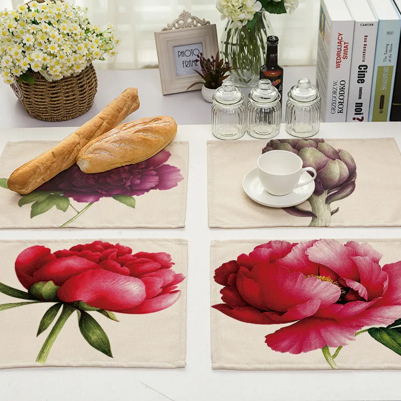 

1Pcs Flower Pattern Placemat Dining Table Mat Drink Coaster Cotton Linen Pads Bowl Cup Mats 42*32cm Kitchen Accessories MP0023