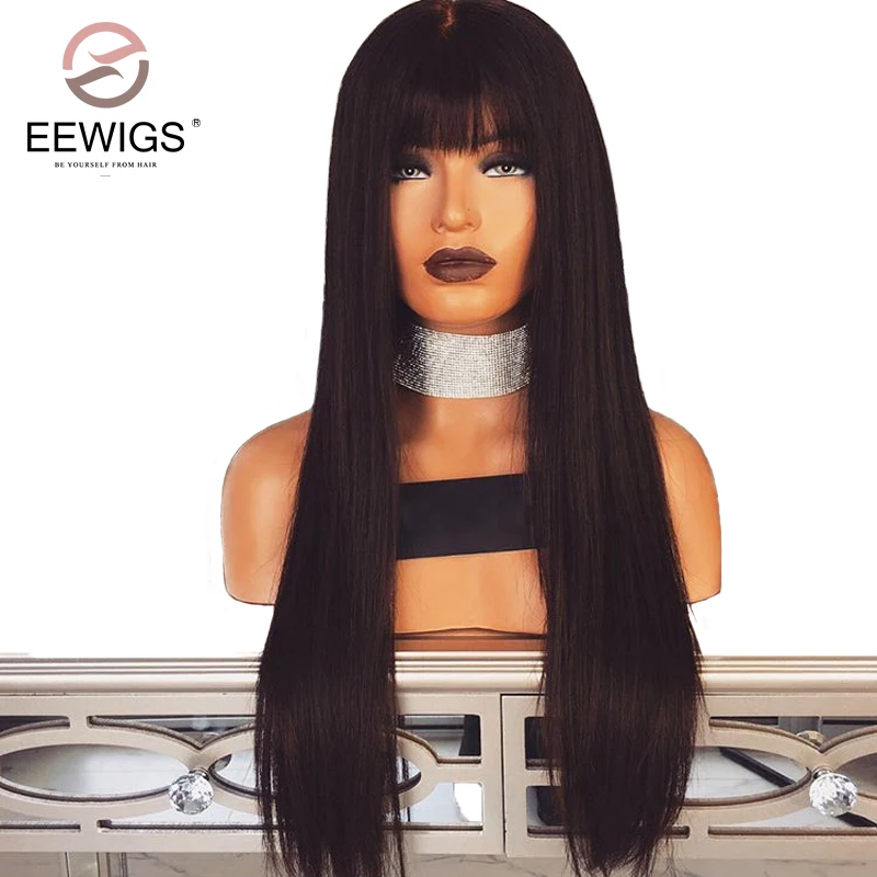 EEWIGS натуральные черные длинные прямые парики с полной челкой 24 дюймов