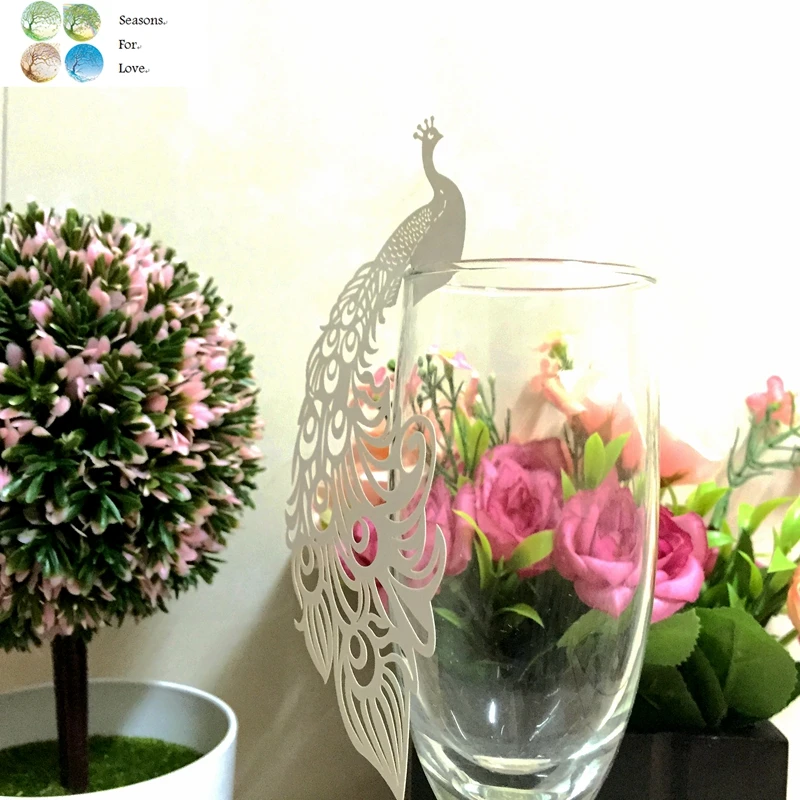 50 шт. лазерная резка павлина бумага место карта эскорт чашка стекло вино амулеты