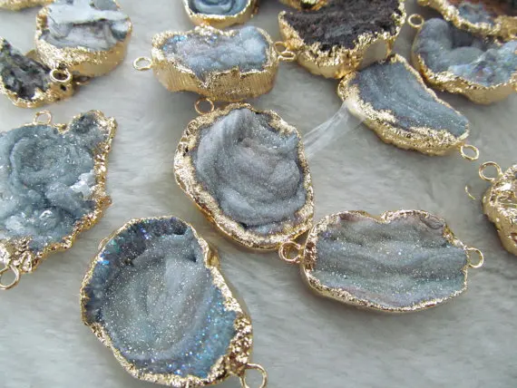 

fashion 30-55mm 6pcs genuine lace agate gemstone gold crystal druzy quartz titanium cross pendant