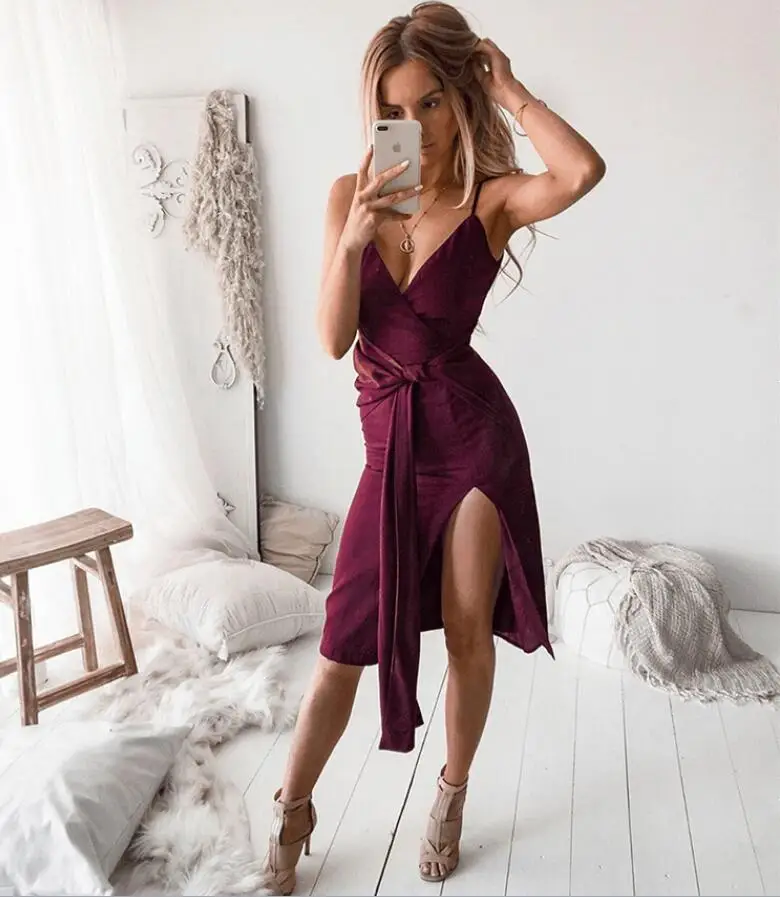 Deep V-Neck Sexy Club Strap Party Dress Summer Women Slit Sashes Casual Sleeveless Female Beach Dresses Robe Femme | Женская одежда