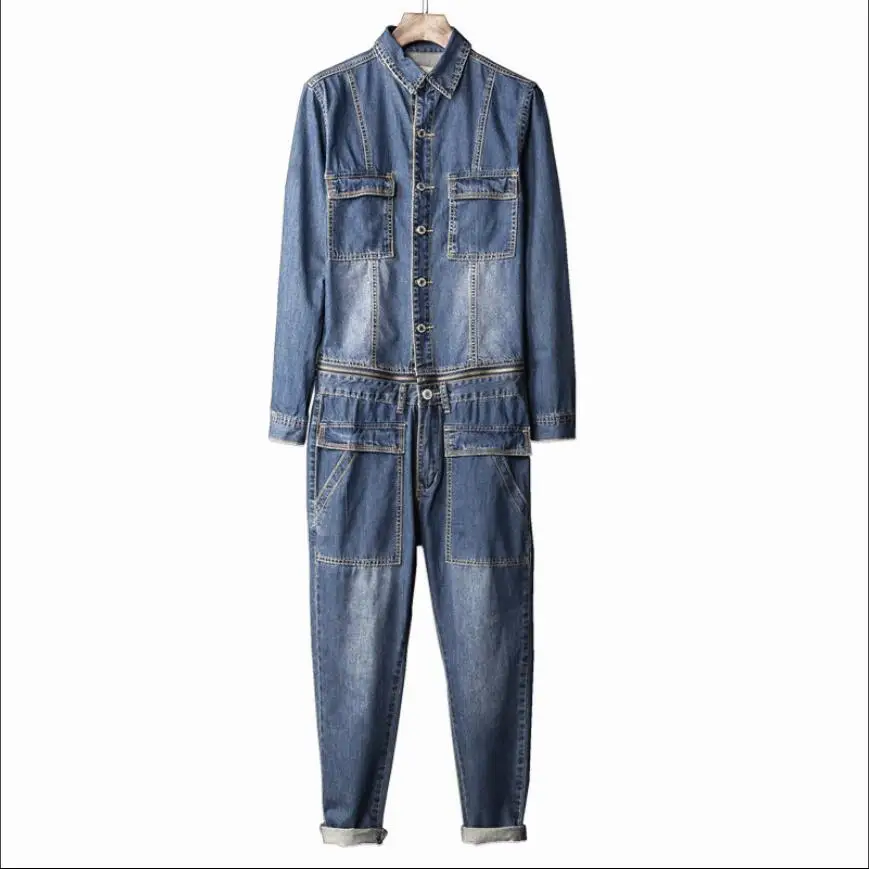 M-xxl Autumn Tide Jeans Men's Denim Siamese Trousers Slim Korean Youth Feet Jeans Tooling Jumpsuit Personality Overalls