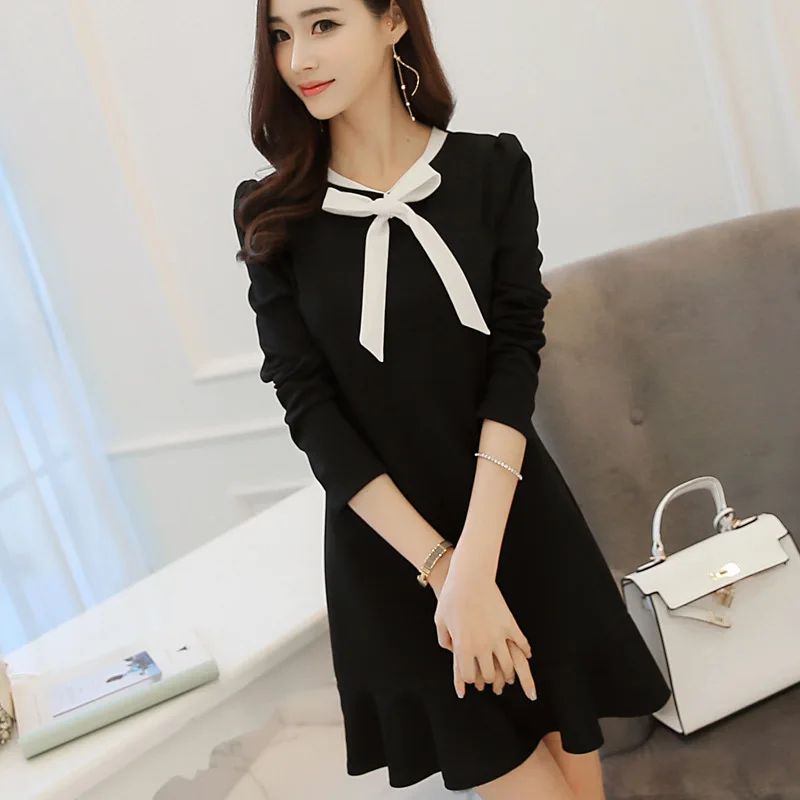 modis spring summer new fashion Bow mini dress Work women's Korean splice dresses vestidos tide black Party women | Женская одежда