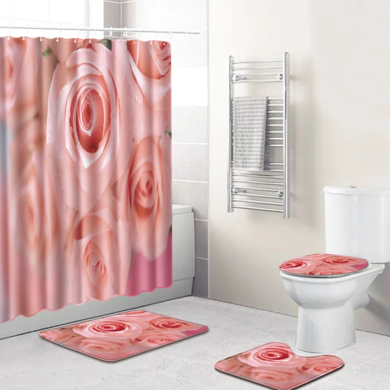 4 Pieces Set Waterproof Shower Curtains with Hooks + Non-Slip Pedestal Rug Lid Toilet Cover Bath Mat | Дом и сад