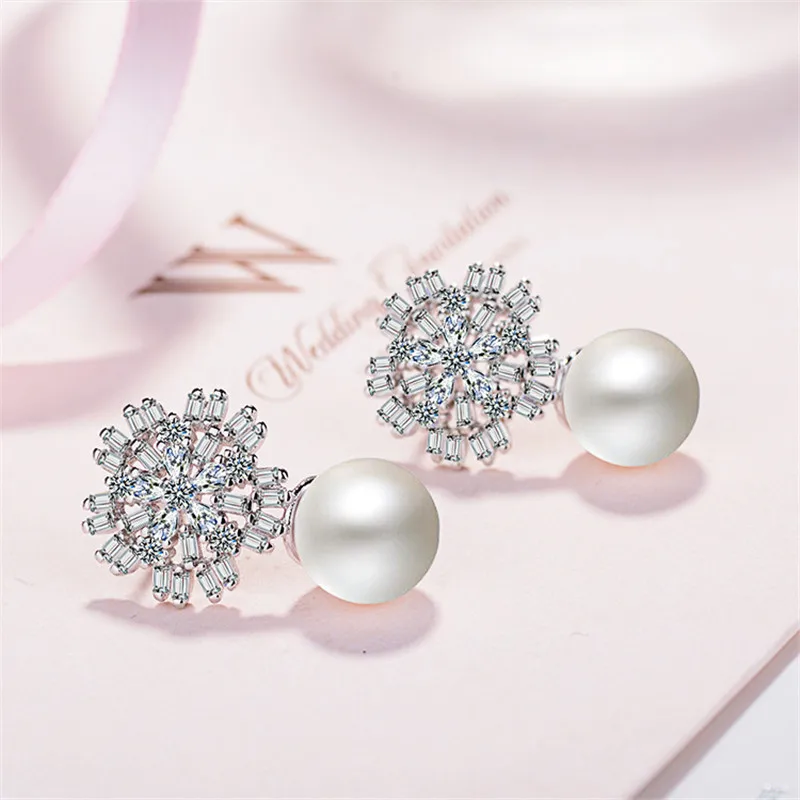 TJP New Fashion 925 Silver Women Stud Earring Party Jewelry Trendy Clear Crystal Zircon Stones Earrings For Girl Bride Bijou | Украшения и