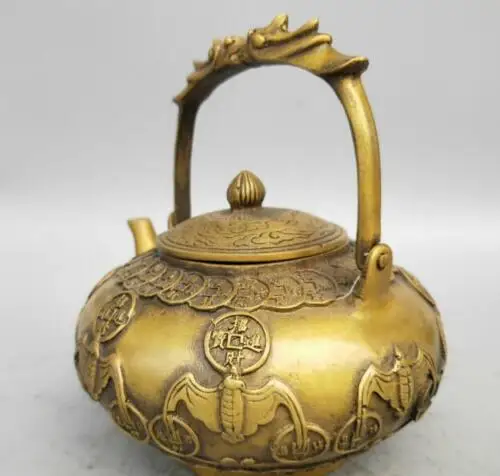 

Collection Chinese Pure Brass Carved Animal Dragon Bat Gold Coins Wealth Teapot Tea Pot Beautiful Decoration Statue