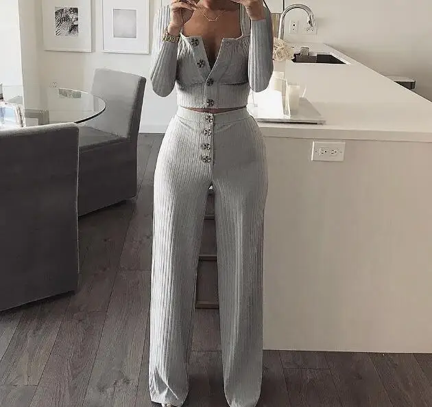 

Cultiseed 2021 Female Newest Autumn Winter Sets Clothes Ladies Single Breasted T-Shirts+High Waist Long Pants 2pcs Sets Clothes