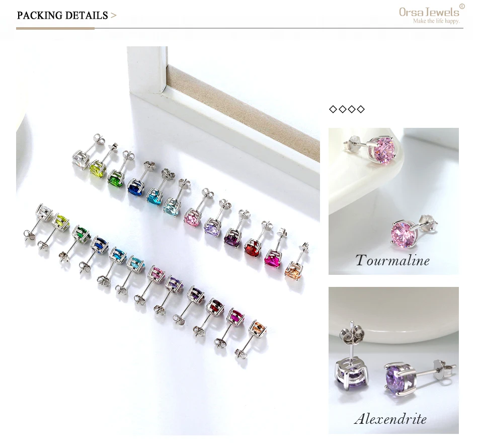 ORSA JEWELS, 12 цветов, серьги-гвоздики с камнем по месяцу рождения для женщин, 925 пробы, серебряные серьги с зубцами, Установка AAA кубического циркония, ювелирное изделие SE84