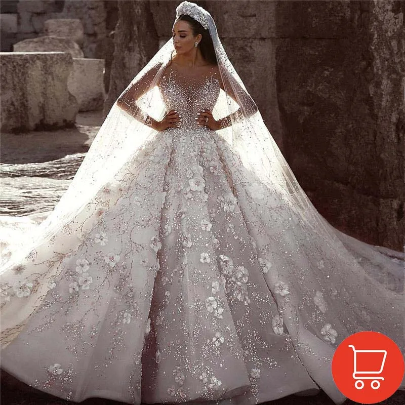 Cathedral Wedding Veils Luxury Arabic Beaded Stones Bridal Veils Floral Sweep Train Ivory Veil Long without Comb