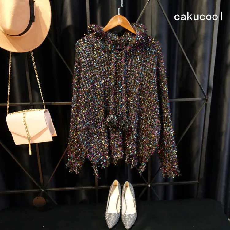 Cakucool New Gold Silver Lurex Sweater Autumn Hooded Long Sleeve Jumpers Ripped Holes Bling Casual Knit Pull Sweaters Top Female | Женская