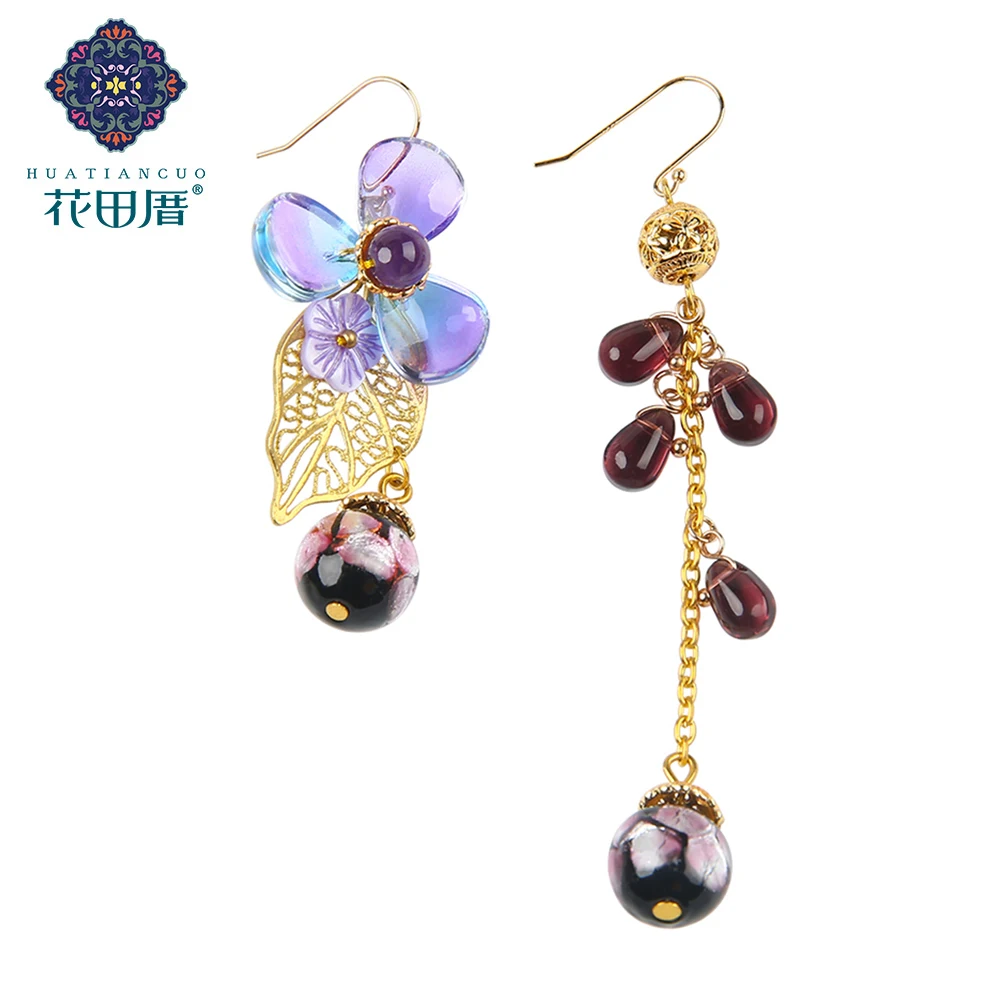 

Colored Glass Petal Cute/Romantic Earring Shell Flower Purple Crystal Bead Alloy Chain Handmade Accessories For Woman EZ-190312