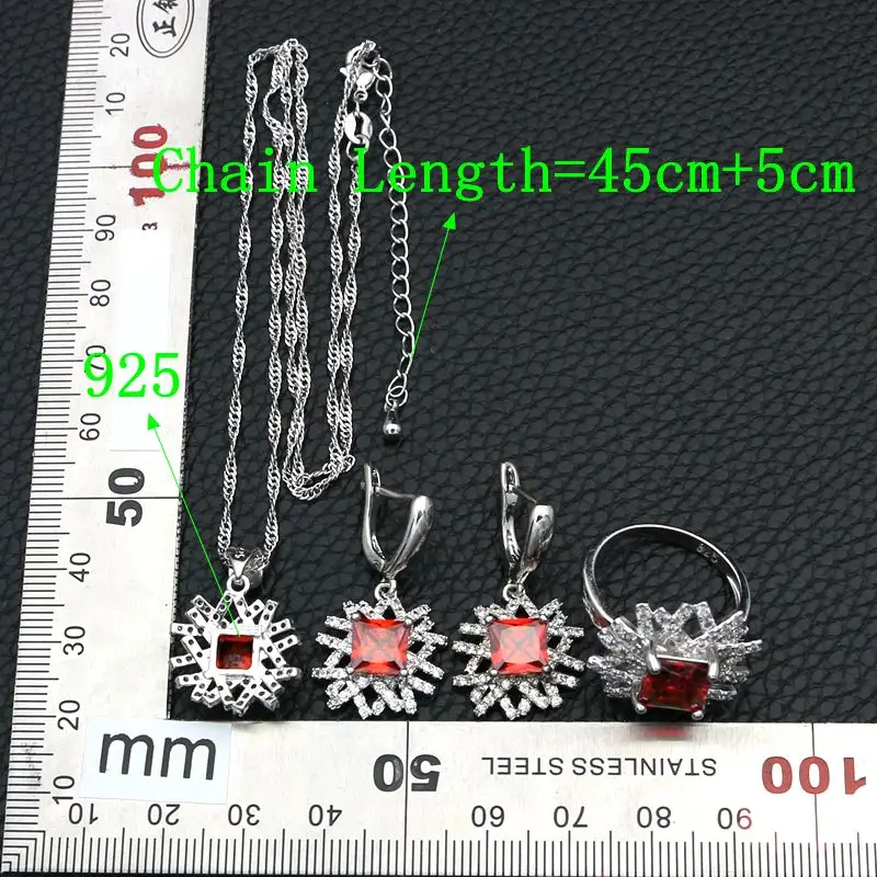 Silver 925 Jewelry Sets For Bride Wedding Accessories Red Cubic Zirconia White Crystal Necklace/Earrings/Bracelet/Pendant/Ring | Украшения