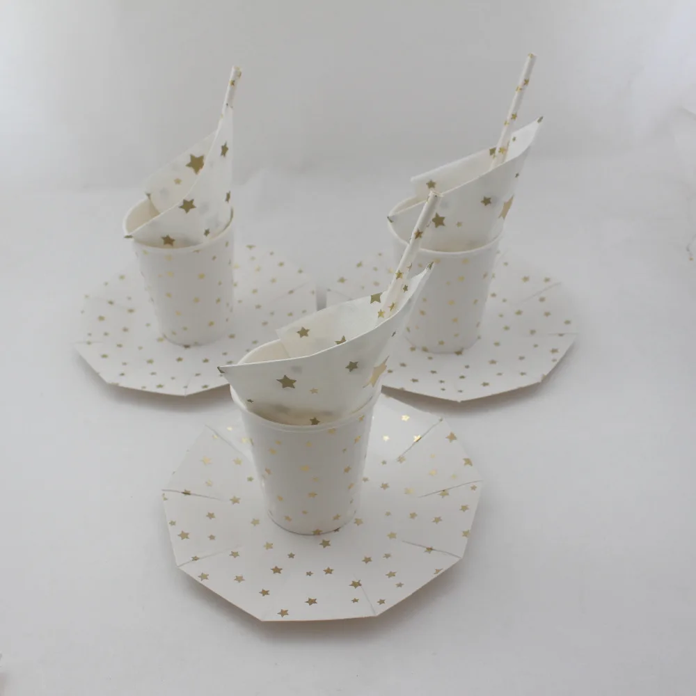 61pcs Gold Silver Star Disposable Paper Tabelware Wedding Plates Cups Napkins Straws Birthday Party Supplies | Дом и сад