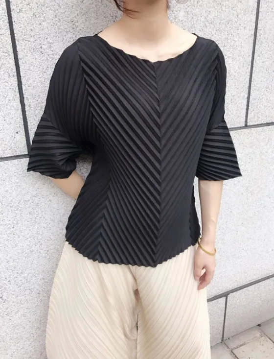 Хит продаж! Женская плиссированная футболка Miyake с коротким рукавом однотонная