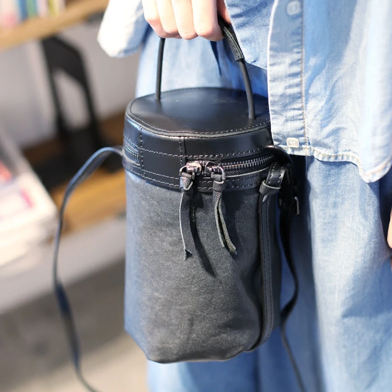EUMOAN Black sheepskin diagonal package original designer handbags tide hand retro leather handbag bucket bag shoulder | Багаж и сумки
