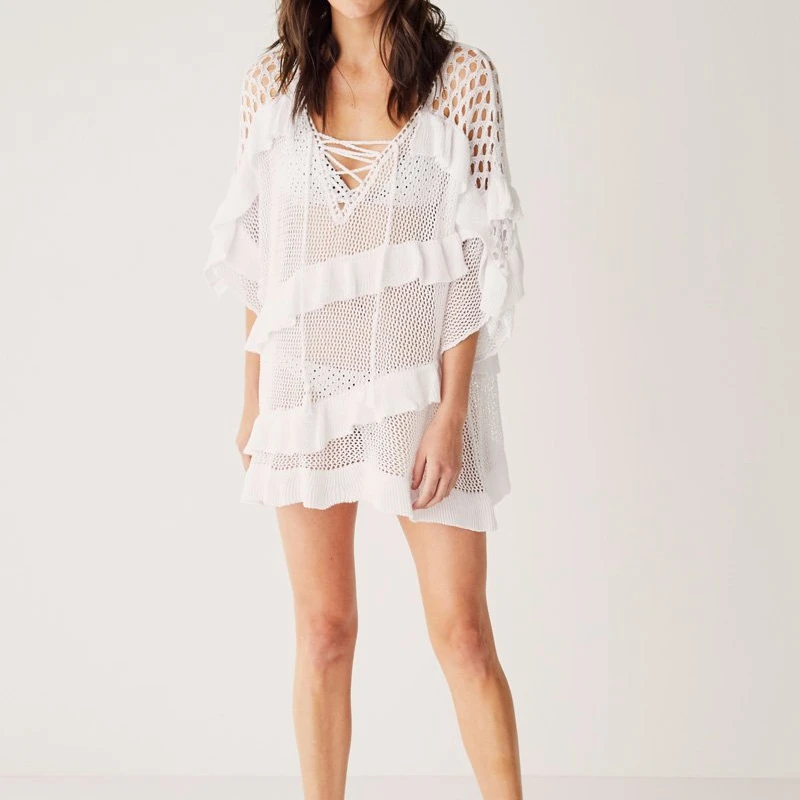 

Women V-Neck Ruffles Blouse Summer Beach for Holiday Bikini Cover up Mujer Volantes Blouses