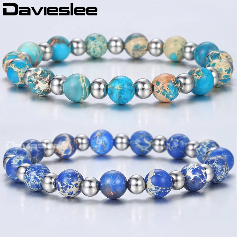 Davieslee Dark Blue Imperial Stone Bead Mens Womens Bracelet 2018 Fashion Men Jewelry Beads Bracelets For Women 8mm DDBM23 | Украшения и