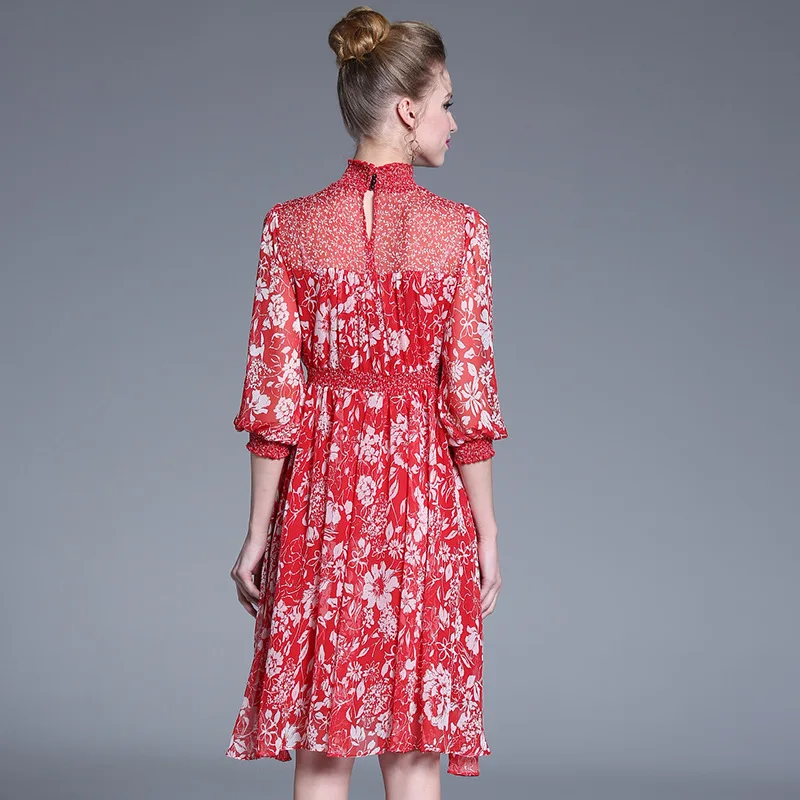 AOFULI Brand Summer Dress Plus size L- XXXL 4XL 5XL 2019 Women 3/4 Sleeve Stand Collar Red Floral Runway Elegant Chiffon Dresses | Женская