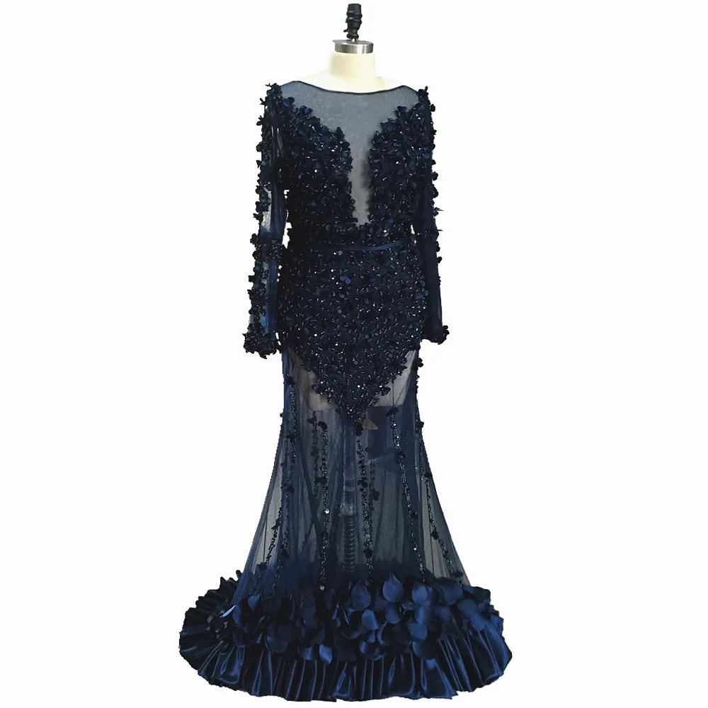Long Sleeves Dubai Mermaid Prom Dresses Navy 2020 Beading Crystal Lace 3d Flowers Formal Evening Party Dresses vestidos de festa