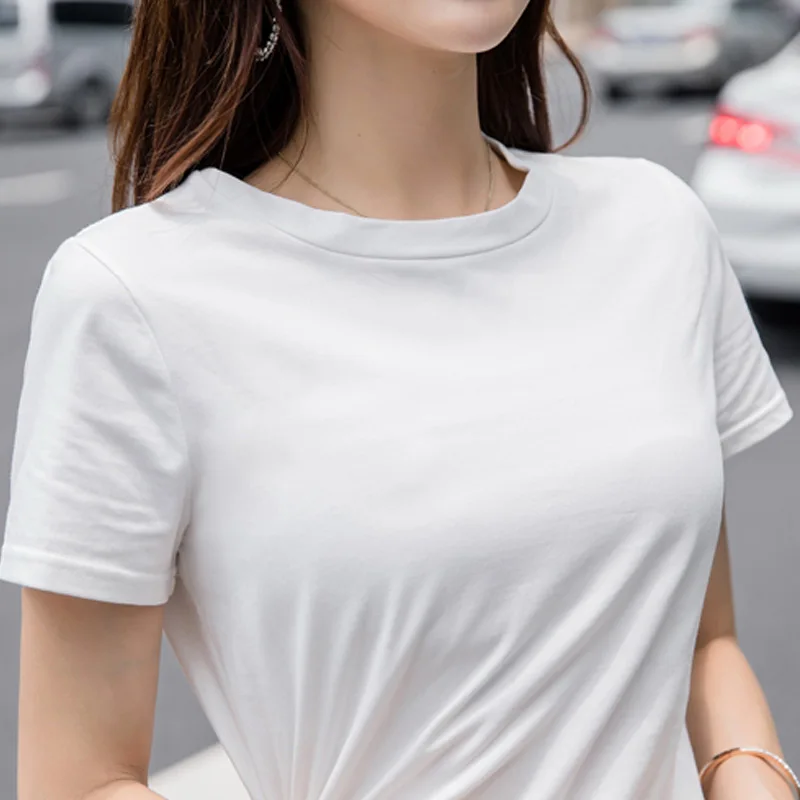 Женская Повседневная футболка с коротким рукавом белая длинная разрезом и