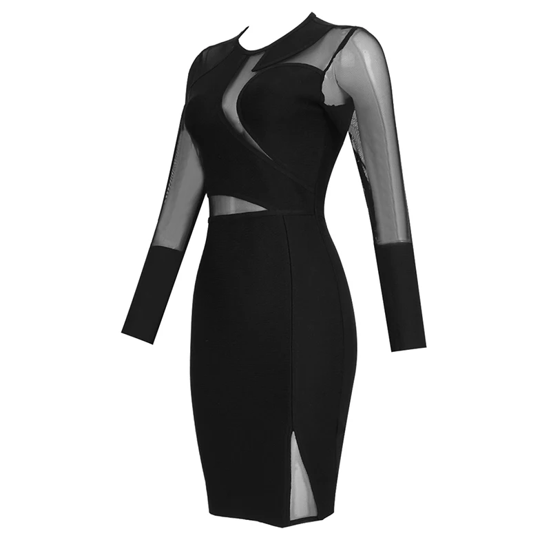 Высокое качество черный длинный сетчатый рукав выдалбливают Bodycon вискоза