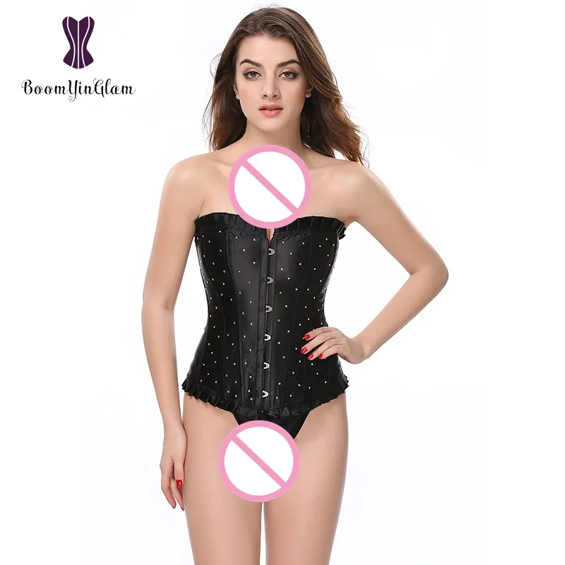 

848 Waist Trainer Corset Satin Push Up Overbust Top Rhinestone Corselet Sexy Lingerie Lace Up Bustiers Plus SizeS-6XL
