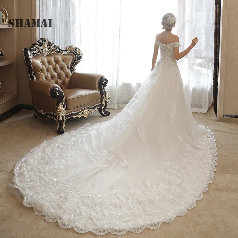 SHAMAI Elegant Bride Dress 2018 New Wedding Dresses Off Shoulder Lace Appliques Sequined Beaded Gowns Robe De Mariage | Свадьбы и