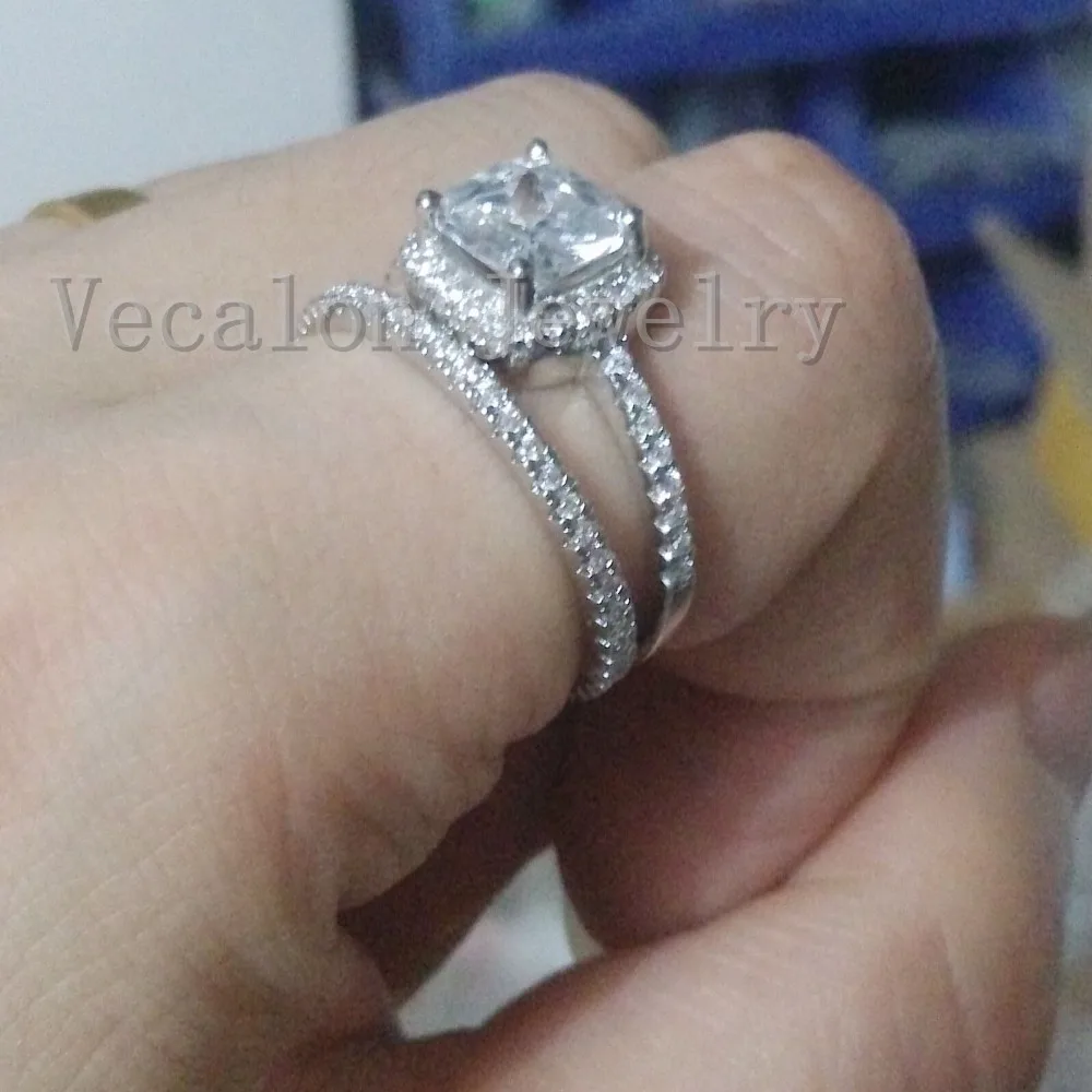 Vecalon 2016 модное женское обручальное кольцо набор с подушкой 3ct AAAAA Циркон Cz 10KT белое