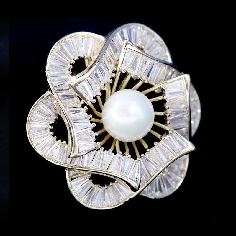 Shinning Large Luxury CZ Plant Leaf Brooches and Pins for Women Fashion Jewelry Crystals Pearl Banquet Brooch Graduation Gift | Украшения и
