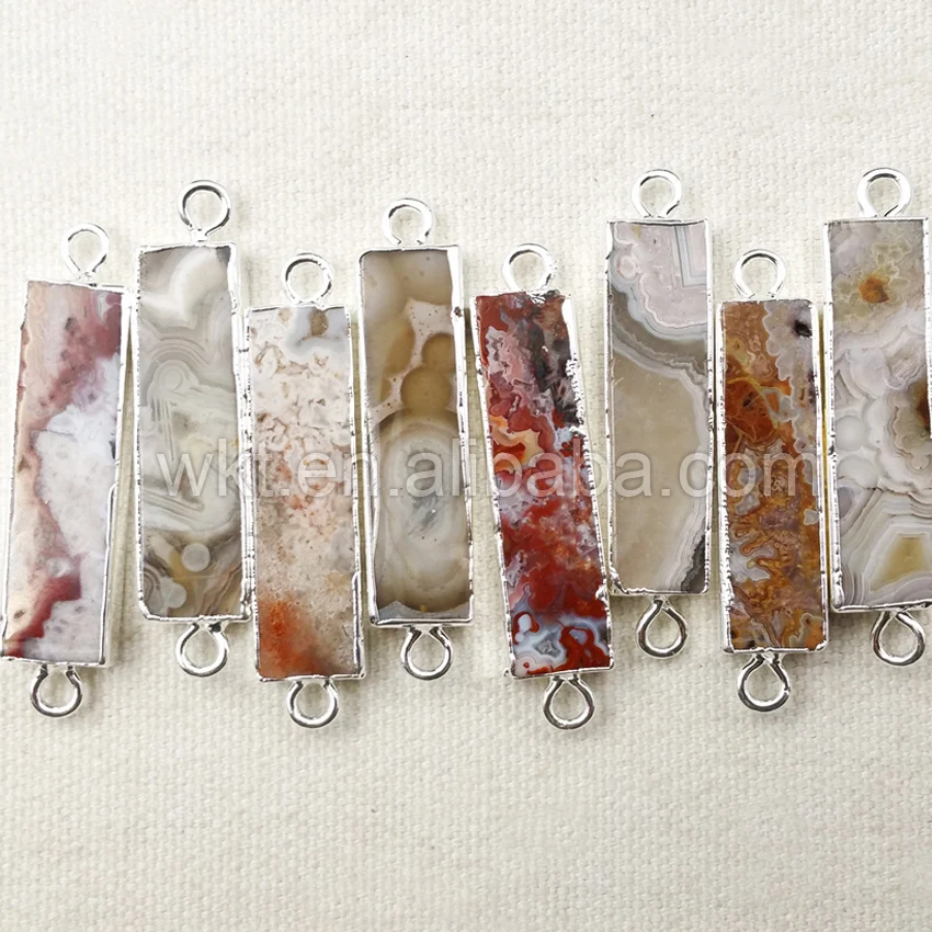 

WT-C177 Wholesale double loops raw stone pendant, natural Mexican Fire a gate bezel connector,silver plated stone bezel jewelry